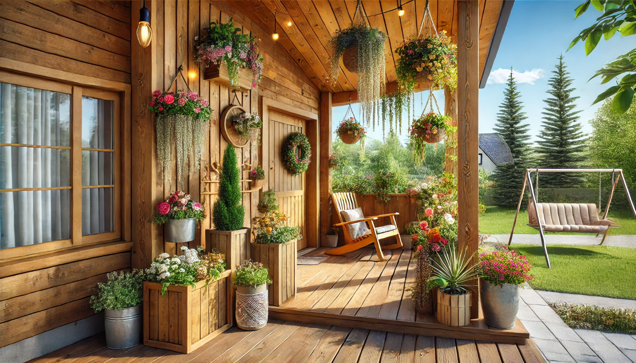 a pretty woodenporch with flowers