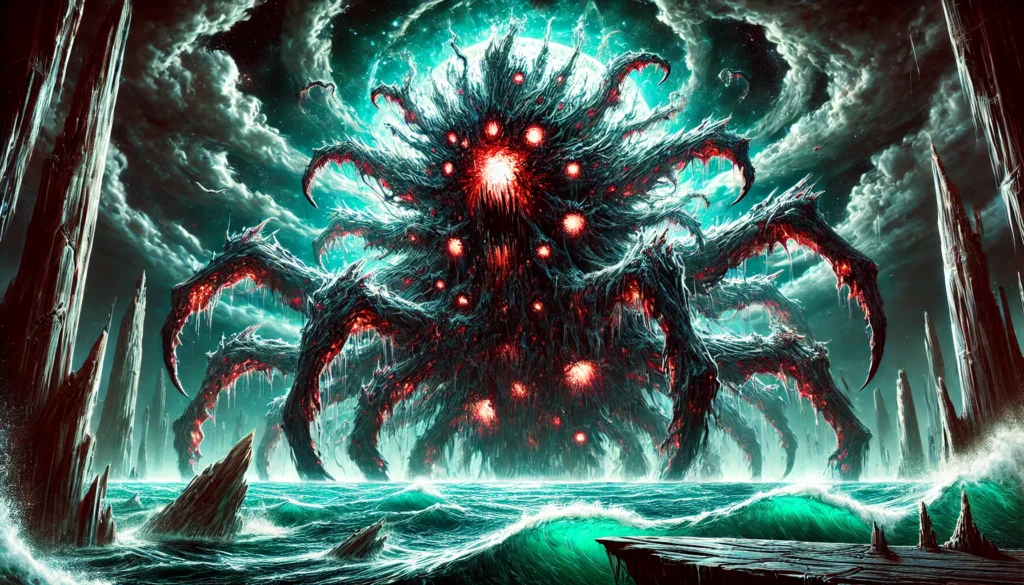 A massive and ominous eldritch creature resembling Gl'bgolyb, towering over the ocean, surrounded by dark clouds and psychic energy, embodying its apocalyptic power and connection to cosmic horror.